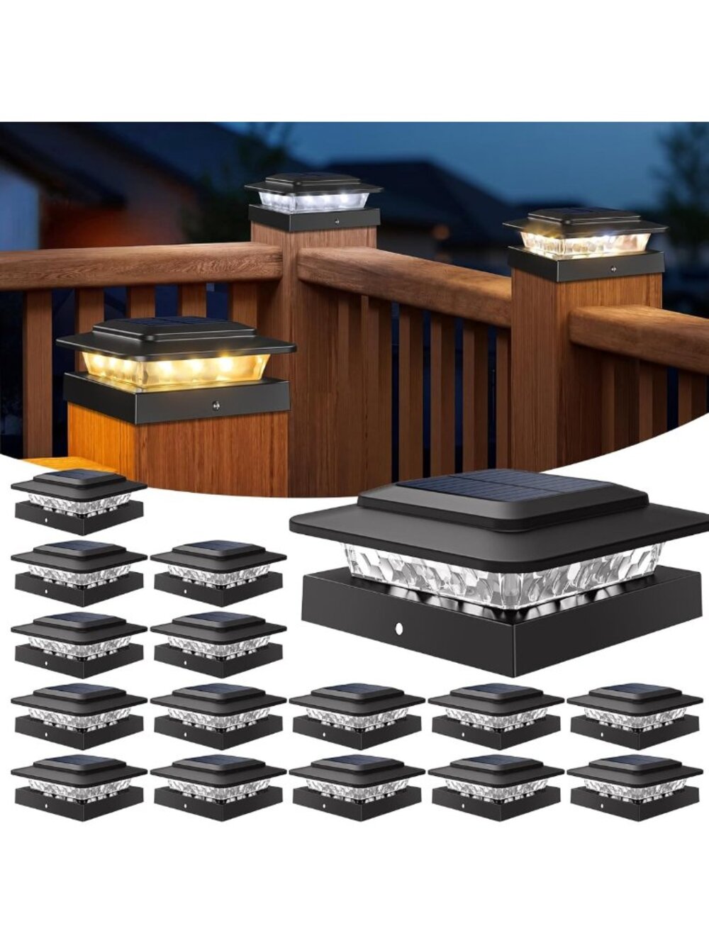 16-Pack Solar Post Cap Lights Outdoor - 3 Color Temps, 2 Brightness Levels